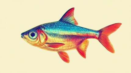 Fototapeta premium A colorful illustration of a fish showcasing vibrant hues of blue, orange, and yellow, against a soft, neutral background.