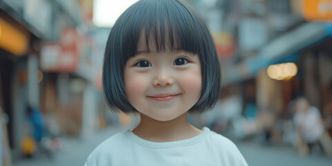 Asian child with short black hair and bangs, wearing white . She has a chubby face, generative AI