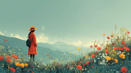 Fototapeta premium Flowers on the Mountain: A young girl finds a rare flower on a mountaintop