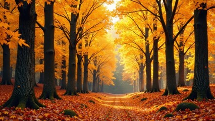 Fototapeta premium Golden Canopy Pathway An Autumnal Woodland Scene of Vibrant Foliage and Sunlit Trail