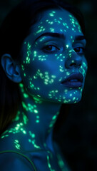 “Extreme Closeup of a Face with Bioluminescent Patterns Glowing in the Dark” – Soft, glowing blue and green bioluminescent patterns illuminating the face, symbolizing connection to nature and mystery.