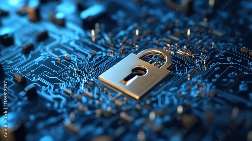 Poster digital lock over circuit board background representing cybersecurity, data protection, and technolo