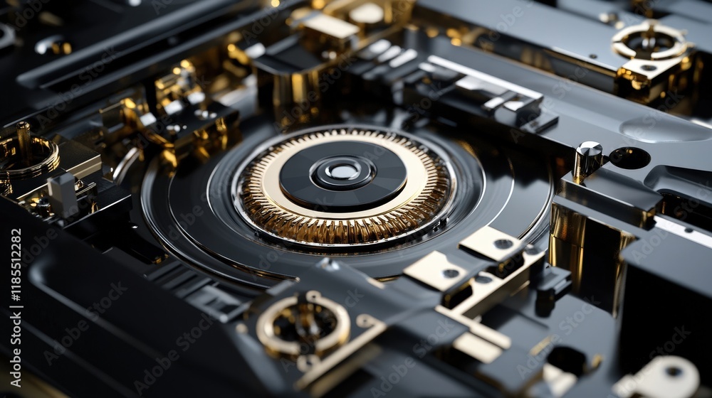 Poster Intricate Close-Up of a Modern Mechanical Component with Glossy Gold and Black Finishes, Showcasing Precision Engineering and Innovative Design Elements