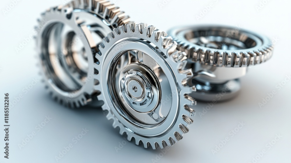 Poster Close-Up of Interlocking Metal Gears with Shiny Surface Reflecting Light, Showcasing Precision Engineering and Mechanical Design Elements for Industrial Themes