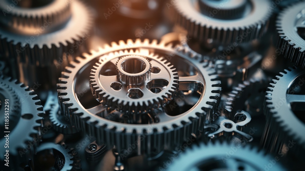Poster close-up view of interlocking metal gears in motion, showcasing precision engineering and mechanical