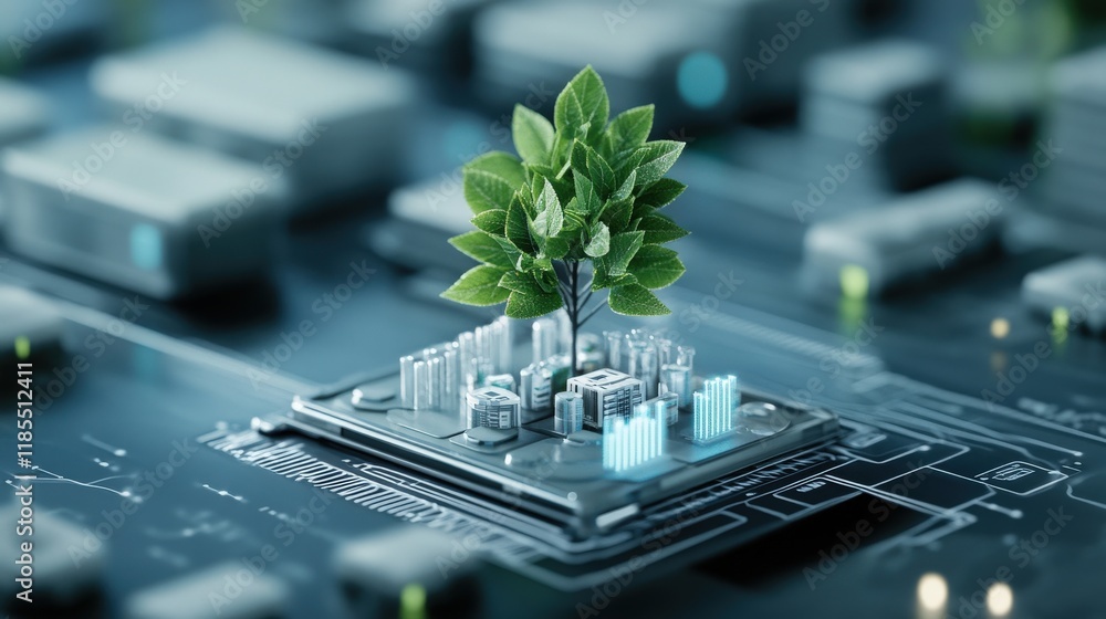 Poster innovative concept of urban development and sustainability with tree growing from microchip on circu
