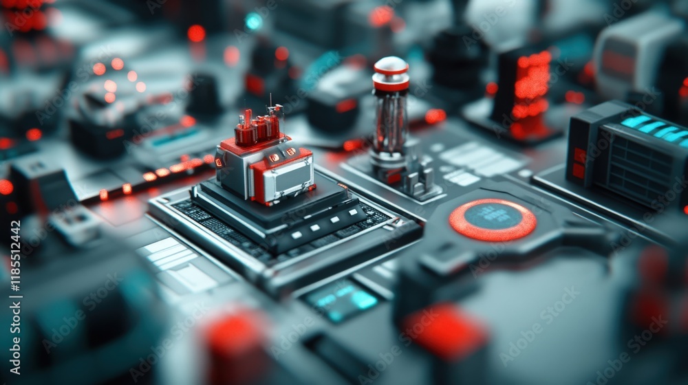 Poster Futuristic Circuit Board with Neon Lights and Complex Electronic Components in a High-Tech Digital Environment for Tech-Inspired Visuals