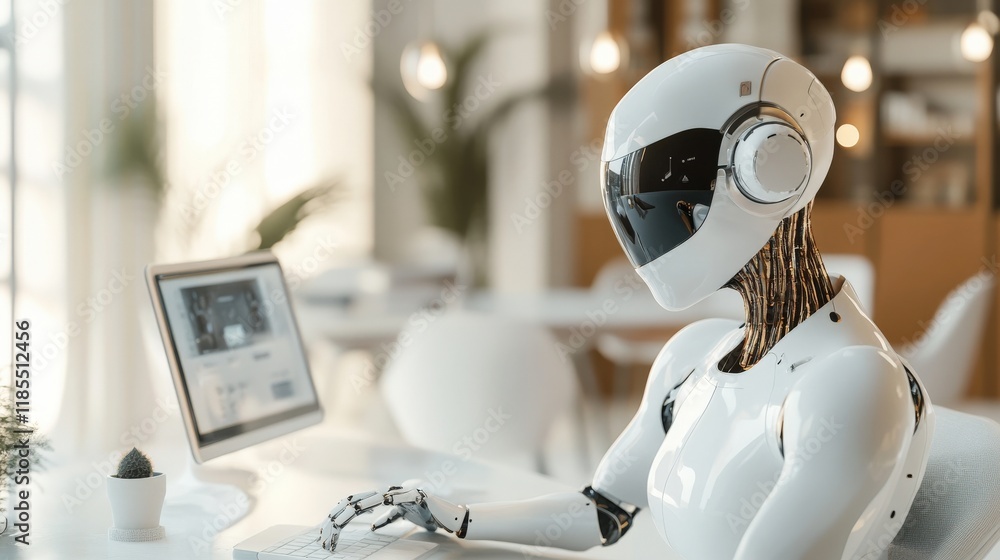 Aufkleber advanced humanoid robot working on computer in modern office setting, showcasing technology, artific