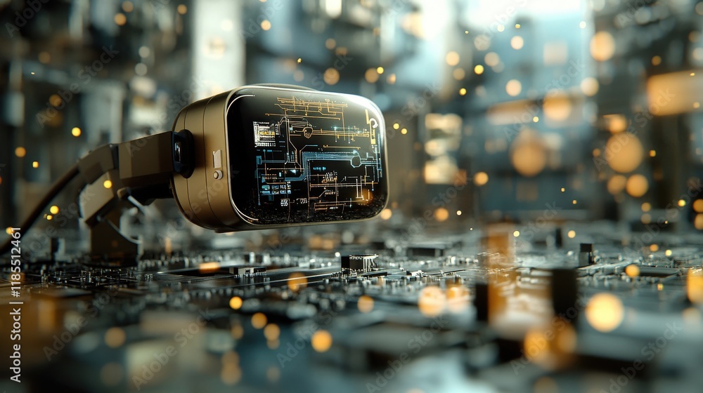 Poster futuristic technology concept with advanced camera on circuit board surrounded by glowing particles 