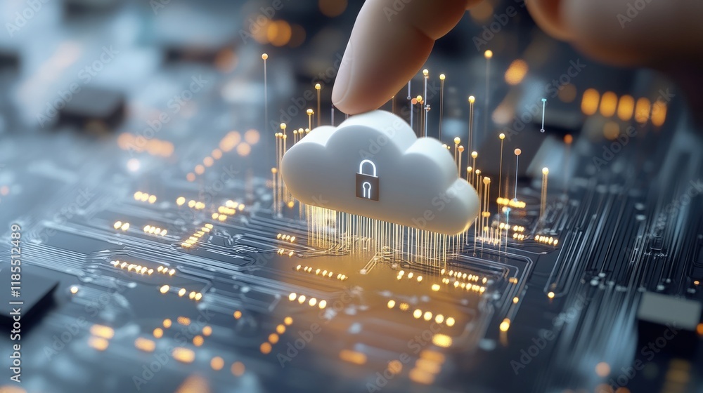 Poster digital hand reaching towards a secure cloud symbol on a futuristic motherboard, representing cloud 