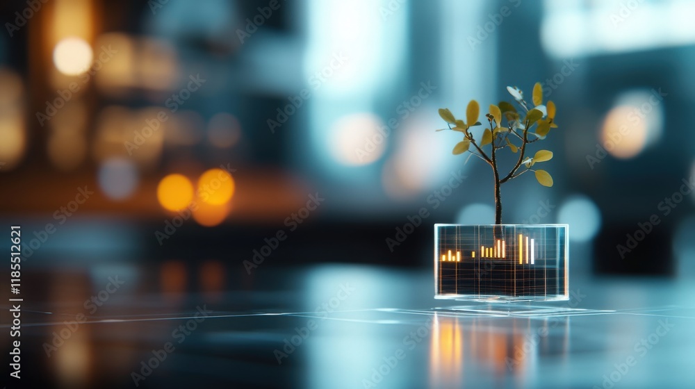 Aufkleber Futuristic Concept of Growth and Development with a Small Tree and Digital Data Displaying Environmental Insights in a Modern Setting