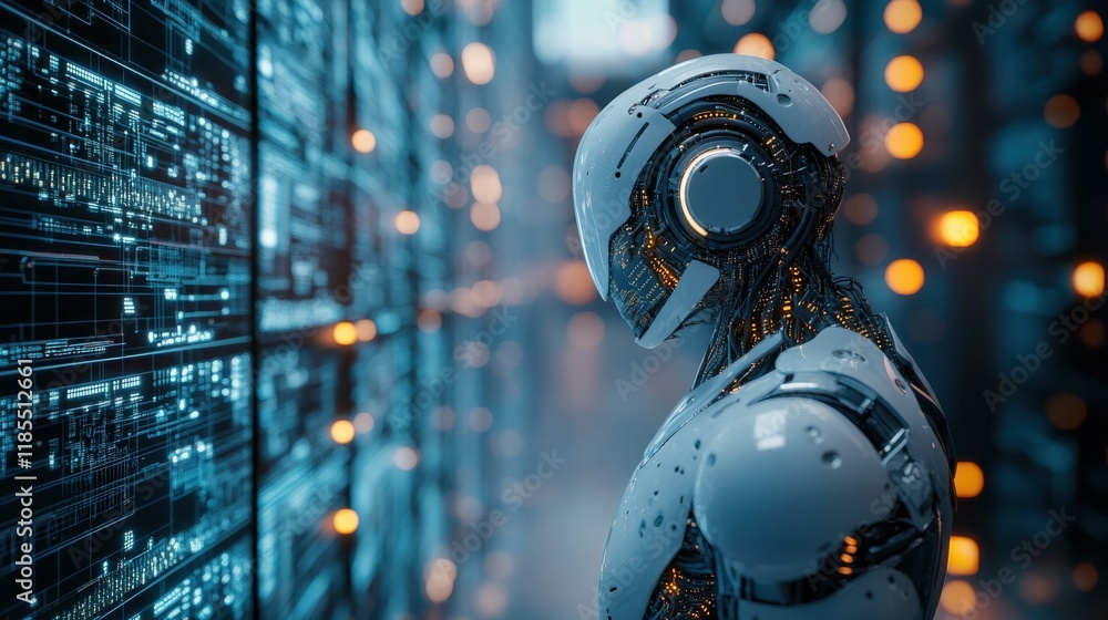Poster Futuristic Robot Standing Near Digital Wall Displaying Data in a High-Tech Environment, Symbolizing AI and Advanced Technology for Future Concepts