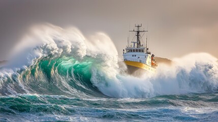 Powerful Ship Battling Treacherous Ocean Waves During Stormy Seascape