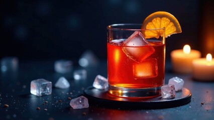 A refreshing amber beverage with ice cubes and a citrus garnish, resting on a dark surface illuminated by candlelight, creating a sophisticated and relaxing ambiance.
