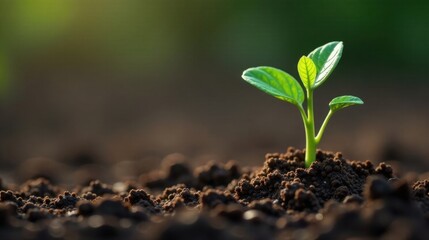 Fototapeta premium A Tiny Seedling Emerges, Reaching for Sunlight in Rich, Dark Soil, Symbolizing Growth and the Promise of a Bountiful Harvest