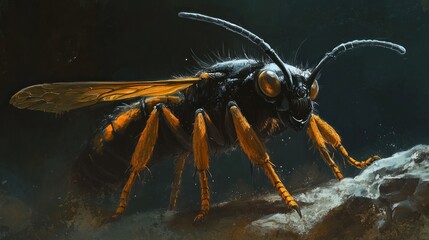 Detailed close-up of a large, black and orange wasp on a rock.
