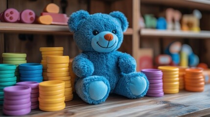 Blue teddy bear among colorful wooden toys on shelf