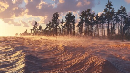 Dramatic Sunset Over Coastal Pines and Windswept Waves Golden Hour Seascape
