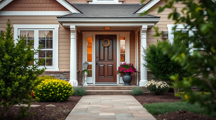 A tan house's front entrance features a brown door,  white columns, a stone walkway, and landscaping including bushes and flowers.  The scene is well-lit, with visible windows and a wreath on the door