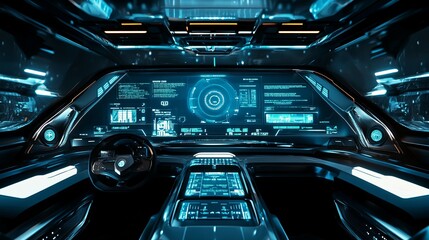 Fototapeta premium Futuristic Spaceship Cockpit: Glowing Blue Interface Design