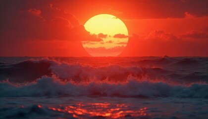 Fototapeta premium Fiery Sunset Ocean: Dramatic Waves and Golden Sun