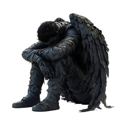 Black Angel Figure Sitting with Folded Arms and Wings in Monochrome, Isolated on a Transparent Background