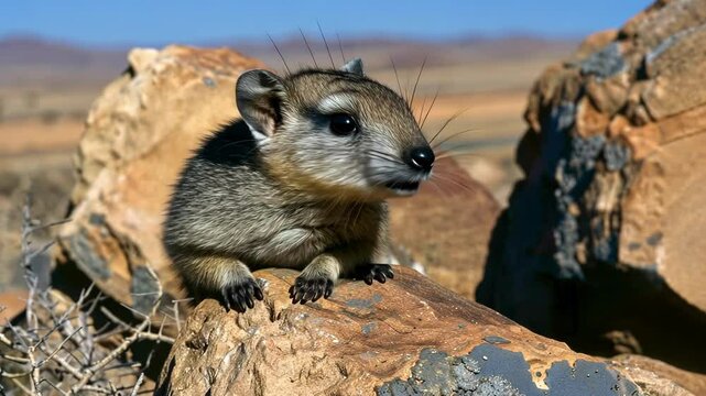 Rock hyrax on rocky outcrop in arid african landscape AI