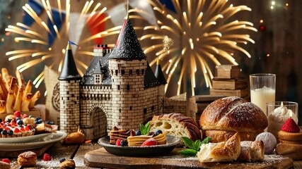 Bastille Day Celebration Display with Bastille Replica, French Flags, and Traditional Pastries on Wooden Backdrop