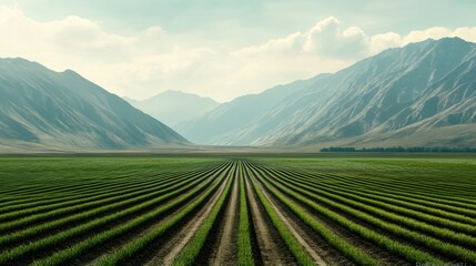 Fototapeta premium Lush green fields with mountain backdrop under a cloudy sky.