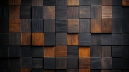 Dark Wood Cube Texture: Abstract background of dark and light brown wooden cubes.  Geometric pattern with varying shades and depths. Ideal for modern design projects. 