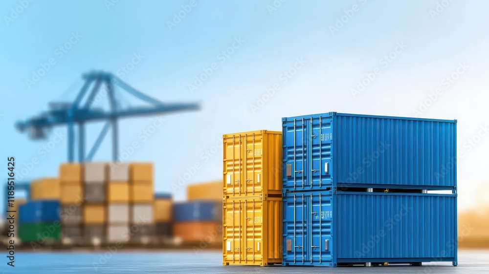Poster business growth with a focus on expansion and optimization. containers stacked at a port with cranes