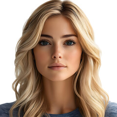 Naklejka premium Beautiful blonde woman with blue eyes looking at camera, isolated on transparent background.