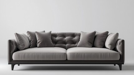 Fototapeta premium Elegant tufted velvet sofa with pillows against a white background.