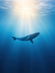 Fototapeta premium majestic whale swims gracefully in deep blue water, illuminated by sunlight
