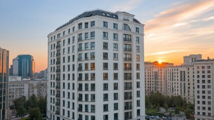 Modern building at sunset with urban skyline in background.