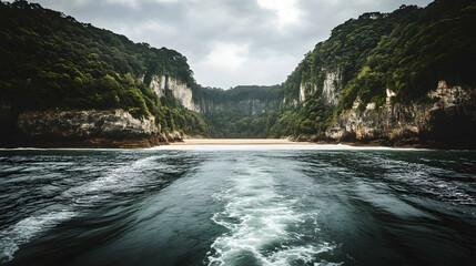 A stunning coastal vista seen from a boat, with gentle waves leading to a sandy beach surrounded by...