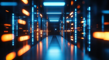 Fototapeta premium Cyberpunk Server Corridor: Neon lights illuminate a futuristic server room, creating a vibrant and immersive digital landscape. The reflective floor enhances the sense of depth and mystery. 