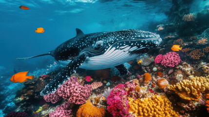 Fototapeta premium majestic whale swims gracefully among vibrant coral reefs and colorful fish. underwater scene showcases beauty of marine life