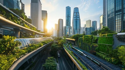 Green Cityscape: Modern Towers and Lush Vertical Gardens at Sunrise