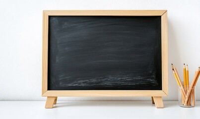 Obraz premium Blank Chalkboard with Pencils on Desk in Classroom Setting