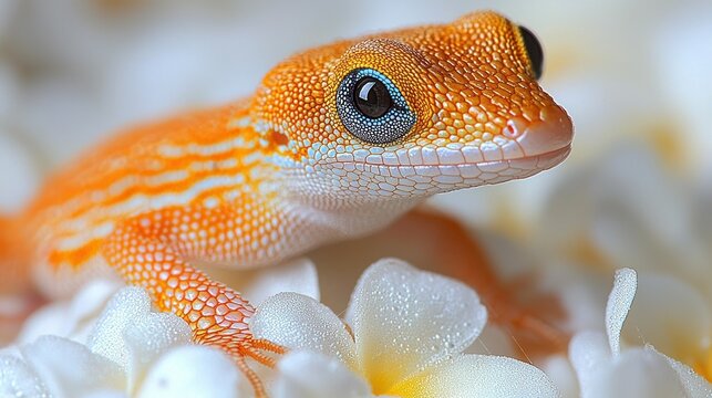 Close-up of an orange gecko on white flowers.