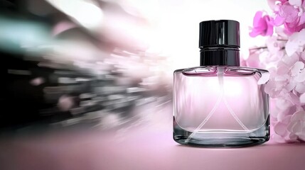 Elegant Perfume Bottle with Pink Flowers  Soft Lighting  Fragrance Mist