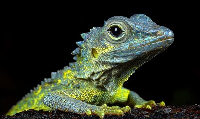 Fototapeta premium Close-up of a vibrant green and blue lizard on a dark background.
