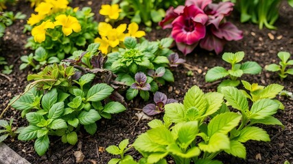 Green leafy vegetables thriving in rich garden soil, vibrant colors, healthy growth, rich, produce