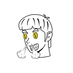 cartoon illustration of head with money coin eyes, cartoon illustration with white background