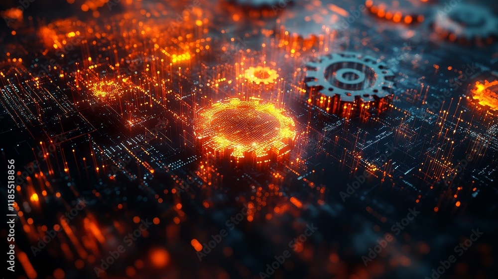 Poster futuristic 3d gears and data visualizations on digital blue background for big data, technology, and