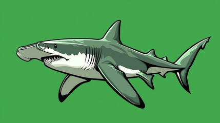 A cartoon-style shark swims against a vibrant green background, showcasing its sleek body and distinctive features.