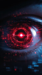 Futuristic red eye with digital patterns and glowing elements