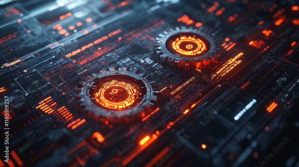 Poster futuristic 3d gears and data visualizations on digital blue background for big data, technology, and