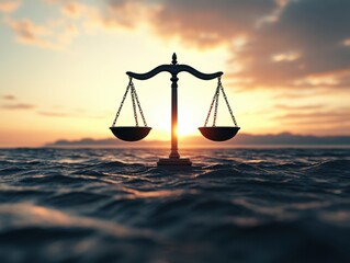 A scale symbolizing justice against a sunset backdrop over water.